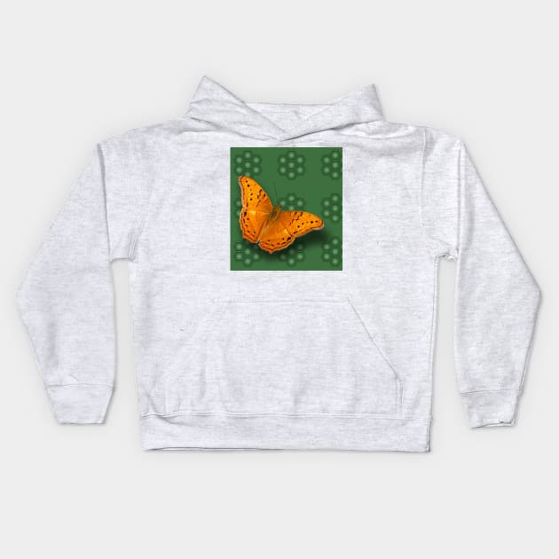 Beautiful orange butterfly on green pattern background Kids Hoodie by hereswendy